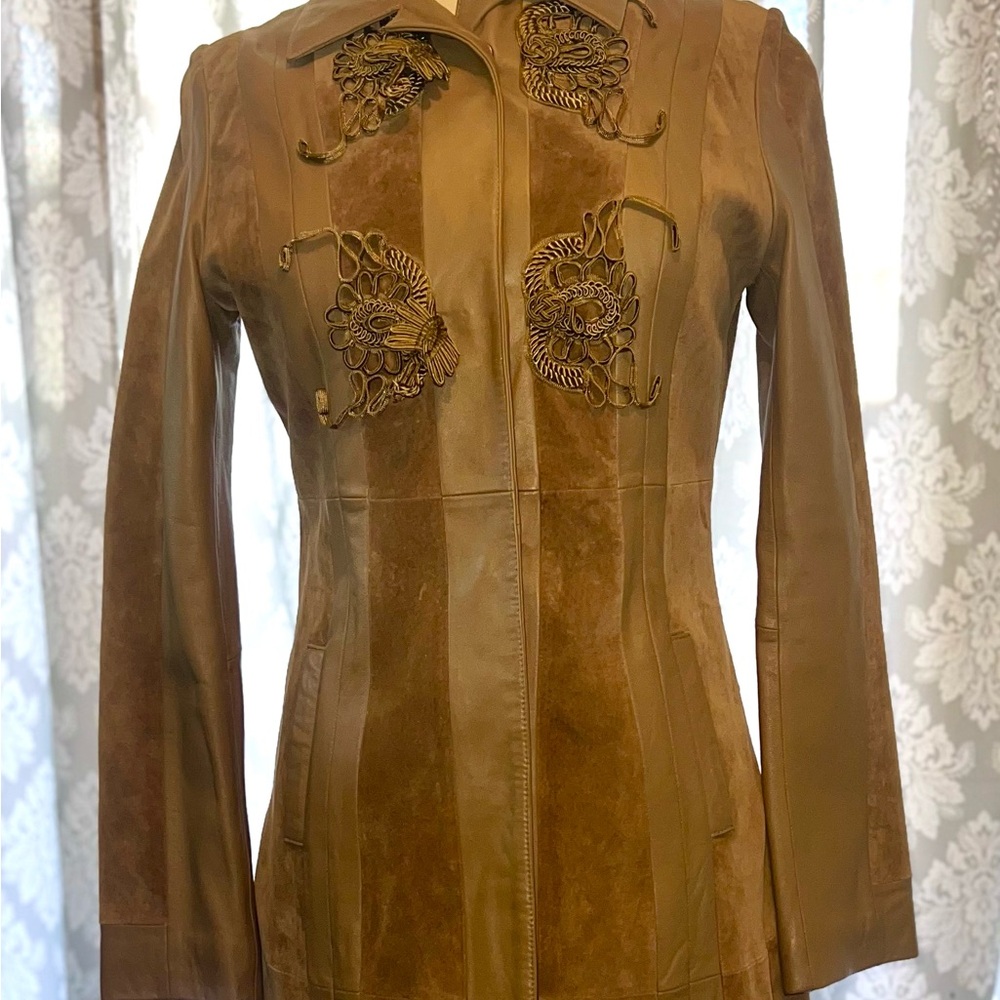 Arden B Tan Leather Jacket with Intricate Embroidery